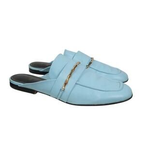Zara Light Blue Leather Slip-On Loafer Mules Flats Size 39